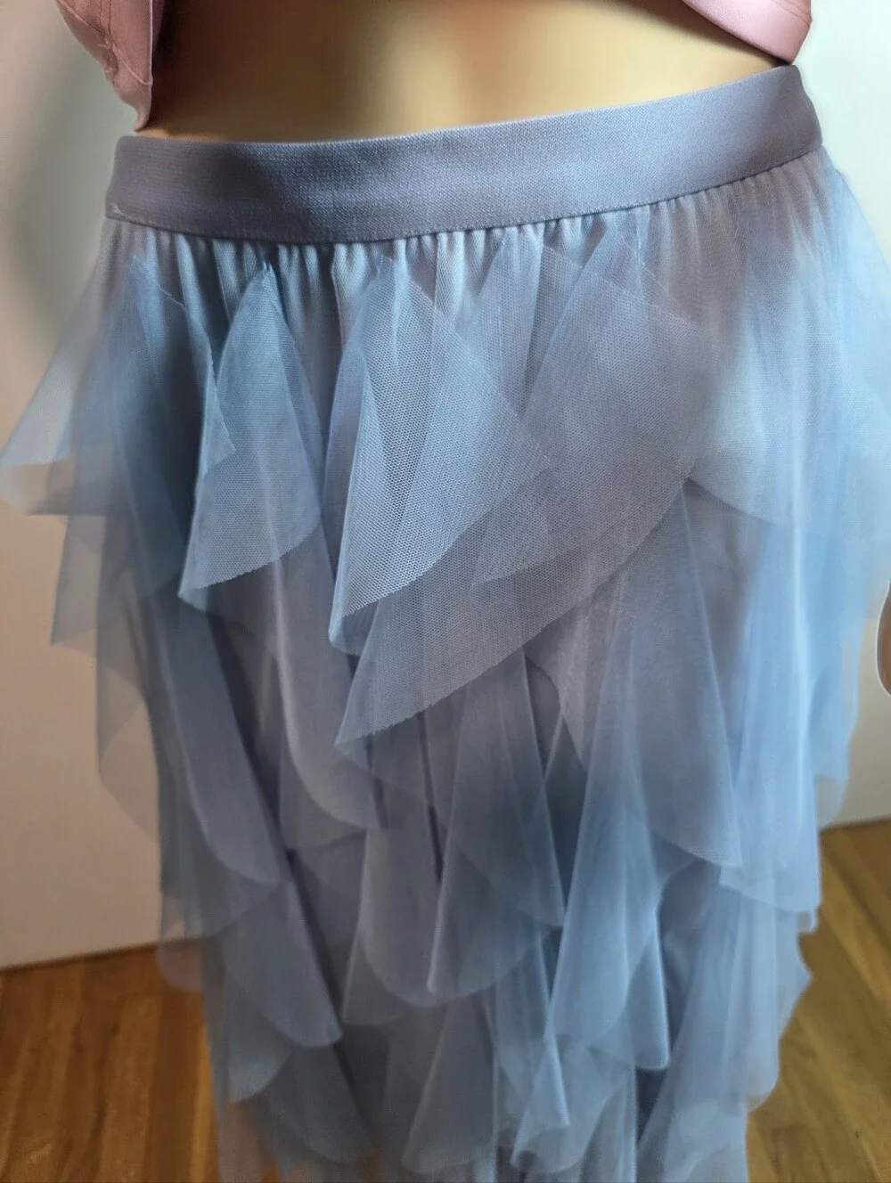 ​Dusty Blue Tiered Tulle Layered Mesh Ruffle Maxi Skirt - Size L
